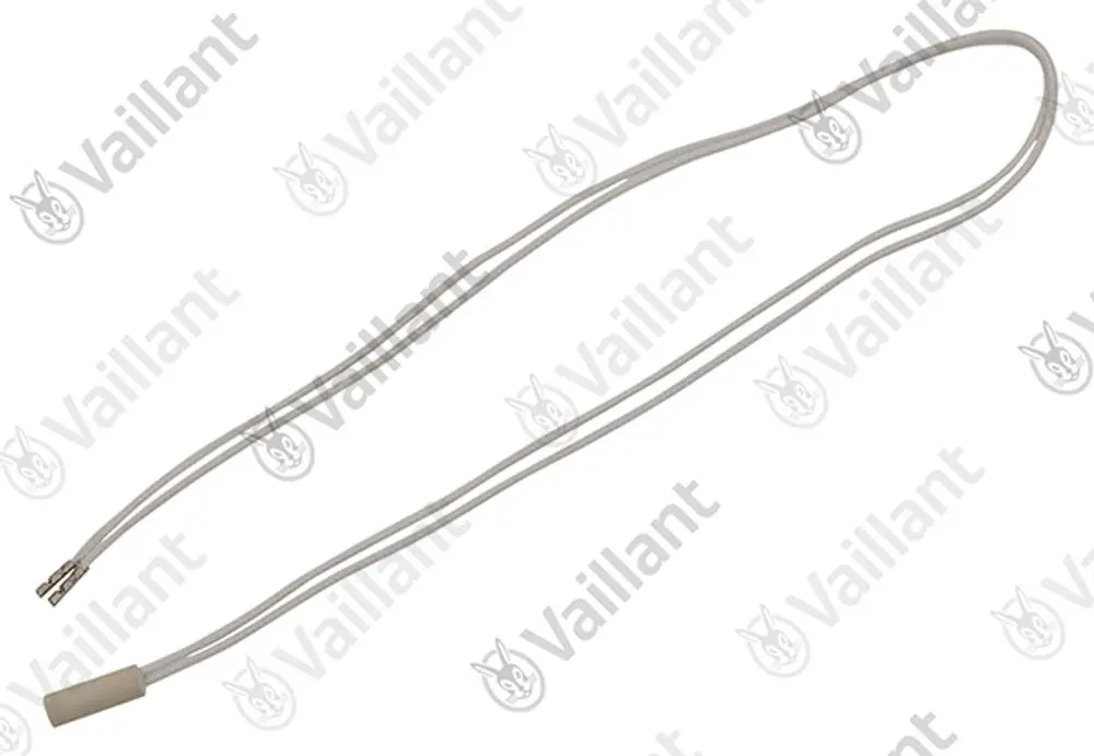 Weißer Sensor mit zwei Leitungen und einem Stecker, hergestellt von Vaillant. Dient zur Temperaturmessung in Heizungsanlagen.